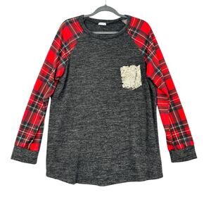 Egs California Heather Gray Long Sleeve Plaid Sequin Pocket Raglan Shirt 1XL